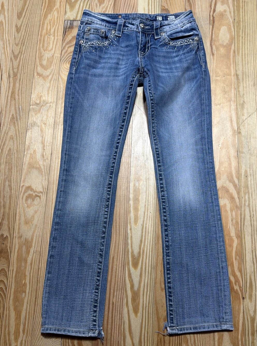 Miss Me Rhinestone Embellished Pocket 27 Low Rise Straight Jeans